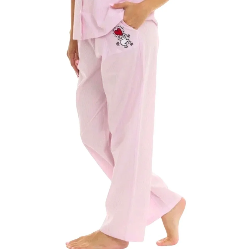 Keith Haring Pink Seersucker Pajama Pants Heart Art‎ Lounge Sleepwear Small set